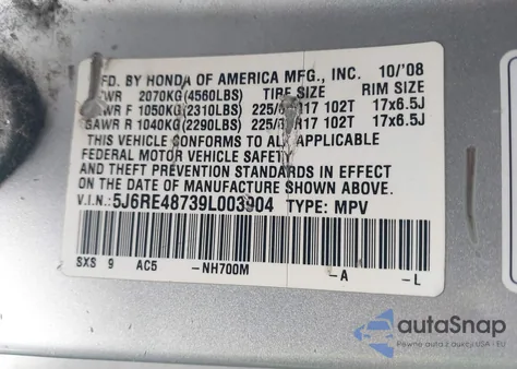 2009 Honda Cr-V Ex-L из США, поврежденный, VIN 5J6RE48739L003904